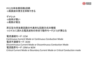 PFC(力率改善回路)回路
→高調波の発生を抑制できる
デメリット
→効率が悪い
→発熱が発生
昇圧型力率改善回路の代表的な回路方式の種類
→コイルに流れる電流波形の形状で動作モード(3つ)が異なる
電流連続モード：CCM
Continuous Current Mode or Continuous Conduction Mode
電流不連続モード：DCM
Discontinuous Current Mode or Discontinuous Conduction Mode
電流臨界モード：CRM or BCM
Critical Current Mode or Boundary Current Mode or Critical Conduction mode
 