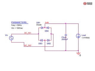 Vin
AC_IN1
PARAMETERS:
f req = 50Hz
Vin = 100Vac
AC_IN2
Cbulk
2000uF
0
bulkDB1
DB2DB3
Diode
DB4
Load
1.414Adc
 