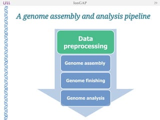 A genome assembly and analysis pipeline
IonGAP 29
Genome assembly
Data
preprocessing
Genome finishing
Genome analysis
 