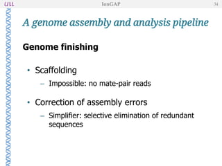 Genome finishing
• Scaffolding
– Impossible: no mate-pair reads
• Correction of assembly errors
– Simplifier: selective elimination of redundant
sequences
A genome assembly and analysis pipeline
IonGAP 34
 