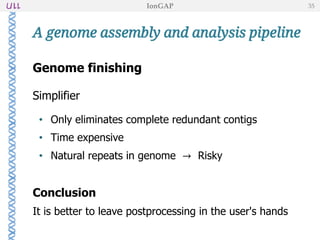 Genome finishing
Simplifier
• Only eliminates complete redundant contigs
• Time expensive
• Natural repeats in genome → Risky
Conclusion
It is better to leave postprocessing in the user's hands
A genome assembly and analysis pipeline
IonGAP 35
 