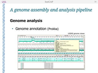 Genome analysis
• Genome annotation (Prokka)
UGENE genome viewer
A genome assembly and analysis pipeline
IonGAP 39
 