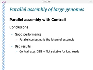 Parallel assembly with Contrail
Conclusions
• Good performance
– Parallel computing is the future of assembly
• Bad results
– Contrail uses DBG → Not suitable for long reads
Parallel assembly of large genomes
IonGAP 52
 