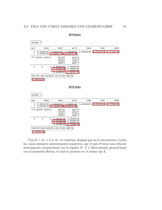 3.3. VIGA CON CARGA VARIABLE CON EXTREMO LIBRE 81
IPE600:
IPE300:
Con E = cte. e I 6= cte. se confirma, al igual que en el caso inverso y todos
los casos similares anteriormente expuestos, que el giro θ tiene una relación
inversamente proporcional con la rigidez E · I y directamente proporcional
con el momento flector, el cual se produce en el mismo eje Z.
 