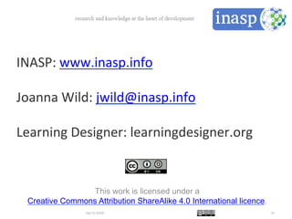 This work is licensed under a
Creative Commons Attribution ShareAlike 4.0 International licence.
29/11/2016 21
INASP:	
  www.inasp.info	
  
	
  
Joanna	
  Wild:	
  jwild@inasp.info	
  	
  
	
  
Learning	
  Designer:	
  learningdesigner.org	
  
 