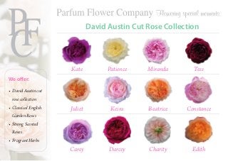 David Austin Cut Rose Collection 
Kate Patience Miranda Tess 
Juliet Keira Beatrice Constance 
Carey Darcey Charity Edith 
We o er: 
• David Austin cut 
rose collection 
• Classical English 
Garden Roses 
• Strong Scented 
Roses 
• Fragrant Herbs 
 