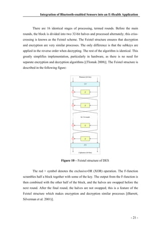 Integration of Bluetooth-enabled Sensors into an E-Health Application

There are 16 identical stages of processing, termed rounds. Before the main
rounds, the block is divided into two 32-bit halves and processed alternately; this crisscrossing is known as the Feistel scheme. The Feistel structure ensures that decryption
and encryption are very similar processes. The only difference is that the subkeys are
applied in the reverse order when decrypting. The rest of the algorithm is identical. This
greatly simplifies implementation, particularly in hardware, as there is no need for
separate encryption and decryption algorithms [(Tlomak 2008)]. The Feistel structure is
described in the following figure:

Figure 10 – Feistel structure of DES
The red + symbol denotes the exclusive-OR (XOR) operation. The F-function
scrambles half a block together with some of the key. The output from the F-function is
then combined with the other half of the block, and the halves are swapped before the
next round. After the final round, the halves are not swapped; this is a feature of the
Feistel structure which makes encryption and decryption similar processes [(Barrett,
Silverman et al. 2001)].

- 21 -

 