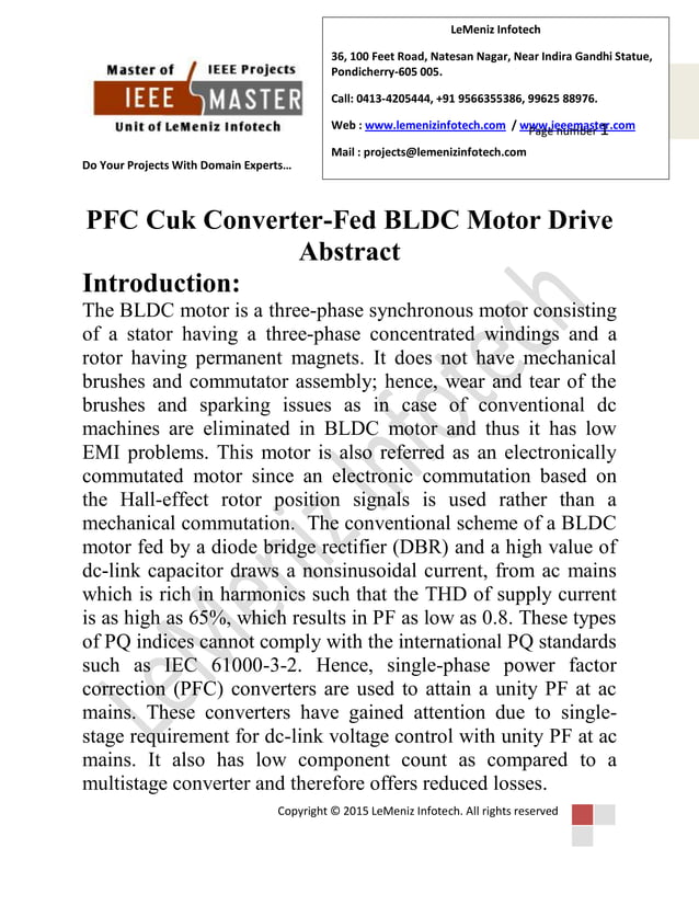 Pfc cuk converter fed bldc motor drive PDF