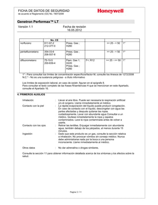 FICHA DE DATOS DE SEGURIDAD
de acuerdo el Reglamento (CE) No. 1907/2006
Genetron Performax™ LT
Versión 1.1 Fecha de revisión
16.05.2012
Pagina 3 / 11
No. CE
norflurano 811-97-2
212-377-0
Press. Gas ;
H280
>= 25 - < 50 1*
pentafluoroetano 354-33-6
206-557-8
Press. Gas ;
H280
>= 25 - < 50 1*
difluorometano 75-10-5
200-839-4
Flam. Gas 1;
H220
Press. Gas ;
H280
F+; R12 >= 25 - <= 50 1*
1* - Para consultar los límites de concentración específicos/factor M, consulte los Anexos de 1272/2008
N.C.* - No es una sustancia peligrosa - a título informativo
Los límites de exposición laboral, en caso de existir, figuran en el epígrafe 8.
Para consultar el texto completo de las frases R/sentencias H que se mencionan en este Apartado,
consulte el Apartado 16.
4. PRIMEROS AUXILIOS
Inhalación : Llevar al aire libre. Puede ser necesaria la respiración artificial
y/o el oxígeno. Llame inmediatamente al médico.
Contacto con la piel : La rápida evaporación del líquido puede producir congelación.
En caso de contacto con el líquido, descongelar con agua las
partes afectadas y después quitarse las ropas
cuidadosamente. Lavar con abundante agua Consultar a un
médico. Quítese inmediatamente la ropa y zapatos
contaminados. Lave la ropa contaminada antes de volver a
usarla.
Contacto con los ojos : Retirar las lentillas. Enjuagar inmediatamente con abundante
agua, también debajo de los párpados, al menos durante 15
minutos.
Ingestión : Dado que este producto es un gas, consulte la sección relativa
a inhalación. No provocar vómitos sin consejo médico. Nunca
debe administrarse nada por la boca a una persona
inconsciente. Llame inmediatamente al médico.
Otros datos : No dar adrenalina o drogas similares.
Consulte la sección 11 para obtener información detallada acerca de los síntomas y los efectos sobre la
salud.
 
