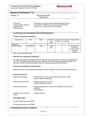 FICHA DE DATOS DE SEGURIDAD
de acuerdo el Reglamento (CE) No. 1907/2006
Genetron Performax™ LT
Versión 1.1 Fecha de revisión
16.05.2012
Pagina 5 / 11
Información
complementaria sobre las
condiciones de
almacenamiento
: Almacenar en envase original. Mantener alejado de la luz
directa del sol. Mantener los envases herméticamente
cerrados en un lugar fresco y bien ventilado.
8. CONTROLES DE EXPOSICIÓN/ PROTECCIÓN INDIVIDUAL
Límites de exposición profesional
Componentes Base Valore Parámetro
s de
control
Factor de
excedenci
a
Forma de
exposición
Observaciones
norflurano
pentafluoroetano HONEYWEL
L
TWA 1.000
ppm
No estamos al
corriente de
ningún límite de
exposición
nacional.
TWA - media de tiempo de carga
Controles de la exposición profesional
Los equipos de protección personal deben cumplir las normas EN vigentes: Protección respiratoria EN
136, 140, 149; Gafas protectoras/Protección ocular EN 166; Vestimenta de protección EN 340, 463,
469, 943-1, 943-2; Guantes protectores CEN 374; Zapatos protectores EN-ISO 20345.
Controles de exposición medioambiental
Manejar conforme a las normativas ambientales locales y siguiendo las buenas prácticas industriales.
Protección personal
Protección respiratoria : Observaciones: En caso de ventilación insuficiente, úsese
equipo respiratorio adecuado.
Protección de las manos : Material del guante: Vitón (R)
Guantes resistentes al calor
Protección de los ojos : Gafas de seguridad con protecciones laterales conformes con
la EN166
Pantalla facial
Protección de la piel y del
cuerpo
: Calzado protector
Valor DNEL/ PNEC
Sin datos disponibles sobre DNEL.
Sin datos disponibles sobre PNEC.
9. PROPIEDADES FÍSICAS Y QUÍMICAS
 