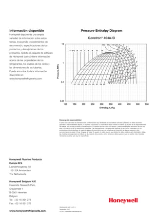 1
.7
5
1
.7
0
1
.8
0
1
.8
5
1
.9
0
1
.9
5
2
.
0
0
2
.
0
5
250
169
114
52.0
77.0
35.0
24.0
16.0
11.0
7.0
Density= 5.0 kg/m
3
E
n
tr
o
p
y=
1
.6
5
k
J/
kg
-K
0.01
0.1
1
10
100 150 200 250 300 350 400 450 500 550
Enthalpy, kJ/kg
Pressure,
MPa
T=-40°C 5 20 35 50 65
80 95 110 125
0.1 0.2 0.3 0.4 0.5 0.6 0.7 0.8 0.9
-25 -10
Honeywell Fluorine Products
Europe B.V.
Laarderhoogtweg 18
1101 EA Amsterdam
The Netherlands
Honeywell Belgium N.V.
Haasrode Research Park,
Grauwmeer 1
B-3001 Heverlee
Belgium
Tel: +32 16-391 278
Fax: +32 16-391 277
www.honeywellrefrigerants.com
Información disponible
Honeywell dispone de una amplia
variedad de información sobre estos
temas, incluyendo procedimientos de
reconversión, especiﬁcaciones de los
productos y descripciones de los
productos. Solicite el paquete de software
de Honeywell que contiene información
acerca de las propiedades de los
refrigerantes, los análisis de los ciclos y
las dimensiones de las tuberías.
Puede encontrar toda la información
disponible en:
www.honeywellrefrigerants.com
DS404A-ES-HRE 1107-2
Noviembre 2007
© 2007 Honeywell International Inc.
Pressure-Enthalpy Diagram
Genetron®
404A-SI
Descargo de responsabilidad
A pesar de que todas las declaraciones e información aquí facilitadas se consideran precisas y ﬁables, no debe asumirse
garantía o responsabilidad alguna, ni expresa ni implícita. La información aquí incluida no exime al usuario de la responsabilidad
de realizar sus propias pruebas y experimentos. El usuario asume todos los riesgos y responsabilidades derivados del uso de
esta información y de los resultados obtenidos. Las declaraciones o sugerencias relativas al uso de los materiales y a los
procedimientos se efectúan sin garantía alguna de que dicho uso no constituya la infracción de alguna patente ni son
recomendaciones para infringir ninguna de ellas. El usuario no debe asumir que todos los datos relativos a la toxicidad y todas
las medidas de seguridad se indican en el presente documento, como tampoco debe suponer que no existen más medidas
necesarias que las que aquí se especiﬁcan.
 