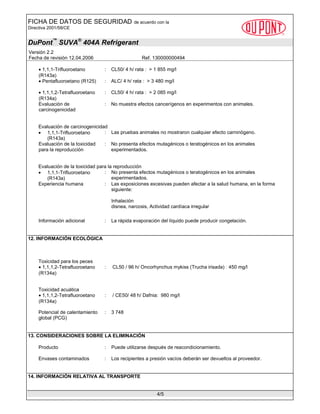 FICHA DE DATOS DE SEGURIDAD de acuerdo con la
Directiva 2001/58/CE
DuPont™
SUVA®
404A Refrigerant
Versión 2.2
Fecha de revisión 12.04.2006 Ref. 130000000494
4/5
• 1,1,1-Trifluoroetano
(R143a)
: CL50/ 4 h/ rata : > 1 855 mg/l
• Pentafluoroetano (R125) : ALC/ 4 h/ rata : > 3 480 mg/l
• 1,1,1,2-Tetrafluoroetano
(R134a)
: CL50/ 4 h/ rata : > 2 085 mg/l
Evaluación de
carcinogenicidad
: No muestra efectos cancerígenos en experimentos con animales.
Evaluación de carcinogenicidad
• 1,1,1-Trifluoroetano
(R143a)
: Las pruebas animales no mostraron cualquier efecto carninógeno.
Evaluación de la toxicidad
para la reproducción
: No presenta efectos mutagénicos o teratogénicos en los animales
experimentados.
Evaluación de la toxicidad para la reproducción
• 1,1,1-Trifluoroetano
(R143a)
: No presenta efectos mutagénicos o teratogénicos en los animales
experimentados.
Experiencia humana : Las exposiciones excesivas pueden afectar a la salud humana, en la forma
siguiente:
Inhalación
disnea, narcosis, Actividad cardíaca irregular
Información adicional : La rápida evaporación del líquido puede producir congelación.
12. INFORMACIÓN ECOLÓGICA
Toxicidad para los peces
• 1,1,1,2-Tetrafluoroetano
(R134a)
: CL50 / 96 h/ Oncorhynchus mykiss (Trucha irisada) : 450 mg/l
Toxicidad acuática
• 1,1,1,2-Tetrafluoroetano
(R134a)
: / CE50/ 48 h/ Dafnia: 980 mg/l
Potencial de calentamiento
global (PCG)
: 3 748
13. CONSIDERACIONES SOBRE LA ELIMINACIÓN
Producto : Puede utilizarse después de reacondicionamiento.
Envases contaminados : Los recipientes a presión vacíos deberán ser devueltos al proveedor.
14. INFORMACIÓN RELATIVA AL TRANSPORTE
 