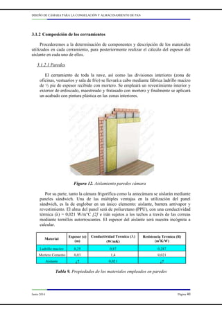 DISEÑO DE CÁMARA PARA LA CONGELACIÓN Y ALMACENAMIENTO DE PAN
Junio 2014 Página 40
3.1.2 Composición de los cerramientos
Procederemos a la determinación de componentes y descripción de los materiales
utilizados en cada cerramiento, para posteriormente realizar el cálculo del espesor del
aislante en cada uno de ellos.
3.1.2.1 Paredes
El cerramiento de toda la nave, así como las divisiones interiores (zona de
oficinas, vestuarios y sala de frío) se llevará a cabo mediante fábrica ladrillo macizo
de ½ pie de espesor recibido con mortero. Se empleará un revestimiento interior y
exterior de enfoscado, maestreado y fratasado con mortero y finalmente se aplicará
un acabado con pintura plástica en las zonas interiores.
Figura 12. Aislamiento paredes cámara
Por su parte, tanto la cámara frigorífica como la antecámara se aislarán mediante
paneles sándwich. Una de las múltiples ventajas en la utilización del panel
sándwich, es la de englobar en un único elemento: aislante, barrera antivapor y
revestimiento. El alma del panel será de poliuretano (PPU), con una conductividad
térmica (λ) = 0,021 W/m°C [2] e irán sujetos a los techos a través de las correas
mediante tornillos autorroscantes. El espesor del aislante será nuestra incógnita a
calcular.
Material
Espesor (e)
(m)
Conductividad Termica (l
l
l
l)
(W/mK)
Resistencia Termica (R)
(m2
K/W)
Ladrillo macizo 0,25 0,87 0,287
Mortero Cemento 0,03 1,4 0,021
Aislante ¿? 0,021 ¿?
Tabla 9. Propiedades de los materiales empleados en paredes
 