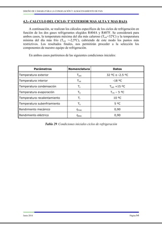 DISEÑO DE CÁMARA PARA LA CONGELACIÓN Y ALMACENAMIENTO DE PAN
Junio 2014 Página 64
4.3.- CALCULO DEL CICLO: Tª EXTERIOR MAS ALTA Y MAS BAJA
A continuación, se realizan los cálculos específicos de los ciclos de refrigeración en
función de los dos gases refrigerantes elegidos R404A y R407F. Se considerará para
ambos casos, la temperatura máxima del día más caluroso (Text=32ºC) y la temperatura
mínima del día más frío (Text =-2,5ºC), cubriendo de este modo los puntos más
restrictivos. Los resultados finales, nos permitirán proceder a la selección los
componentes de nuestro equipo de refrigeración.
En ambos casos partiremos de las siguientes condiciones iniciales:
Tabla 29. Condiciones iniciales ciclos de refrigeración
Parámetros Nomenclatura Datos
Temperatura exterior Text 32 ºC o -2.5 ºC
Temperatura interior Tint -18 ºC
Temperatura condensación Tc Text +15 ºC
Temperatura evaporación Te Tint – 5 ºC
Temperatura recalentamiento Tr 10 ºC
Temperatura subenfriamiento Ts 5 ºC
Rendimiento mecánico ŋmec 0,90
Rendimiento eléctrico ŋelec 0,90
 