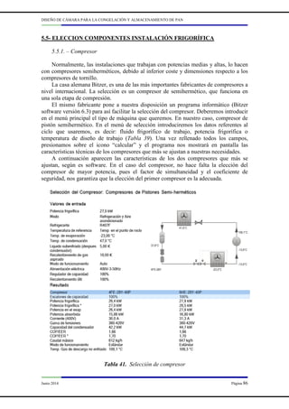 DISEÑO DE CÁMARA PARA LA CONGELACIÓN Y ALMACENAMIENTO DE PAN
Junio 2014 Página 86
5.5- ELECCION COMPONENTES INSTALACIÓN FRIGORÍFICA
5.5.1. – Compresor
Normalmente, las instalaciones que trabajan con potencias medias y altas, lo hacen
con compresores semiherméticos, debido al inferior coste y dimensiones respecto a los
compresores de tornillo.
La casa alemana Bitzer, es una de las más importantes fabricantes de compresores a
nivel internacional. La selección es un compresor de semihermético, que funciona en
una sola etapa de compresión.
El mismo fabricante pone a nuestra disposición un programa informático (Bitzer
software versión 6.3) para así facilitar la selección del compresor. Deberemos introducir
en el menú principal el tipo de máquina que queremos. En nuestro caso, compresor de
pistón semihermético. En el menú de selección introduciremos los datos referentes al
ciclo que usaremos, es decir: fluido frigorífico de trabajo, potencia frigorífica o
temperatura de diseño de trabajo (Tabla 39). Una vez rellenado todos los campos,
presionamos sobre el icono “calcular” y el programa nos mostrará en pantalla las
características técnicas de los compresores que más se ajustan a nuestras necesidades.
A continuación aparecen las características de los dos compresores que más se
ajustan, según es software. En el caso del compresor, no hace falta la elección del
compresor de mayor potencia, pues el factor de simultaneidad y el coeficiente de
seguridad, nos garantiza que la elección del primer compresor es la adecuada.
Tabla 41. Selección de compresor
 