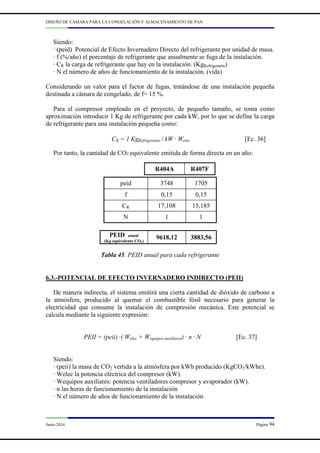 DISEÑO DE CÁMARA PARA LA CONGELACIÓN Y ALMACENAMIENTO DE PAN
Junio 2014 Página 94
Siendo:
· (peid) Potencial de Efecto Invernadero Directo del refrigerante por unidad de masa.
· f (%/año) el porcentaje de refrigerante que anualmente se fuga de la instalación.
· CR la carga de refrigerante que hay en la instalación. (KgRefrigerante)
· N el número de años de funcionamiento de la instalación. (vida)
Considerando un valor para el factor de fugas, tratándose de una instalación pequeña
destinada a cámara de congelado, de f= 15 %.
Para el compresor empleado en el proyecto, de pequeño tamaño, se toma como
aproximación introducir 1 Kg de refrigerante por cada kW, por lo que se define la carga
de refrigerante para una instalación pequeña como:
CR = 1 KgRefrigerante / kW · Welec [Ec. 36]
Por tanto, la cantidad de CO2 equivalente emitida de forma directa en un año:
Tabla 45. PEID anual para cada refrigerante
6.3.-POTENCIAL DE EFECTO INVERNADERO INDIRECTO (PEII)
De manera indirecta, el sistema emitirá una cierta cantidad de dióxido de carbono a
la atmósfera, producido al quemar el combustible fósil necesario para generar la
electricidad que consume la instalación de compresión mecánica. Este potencial se
calcula mediante la siguiente expresión:
PEII = (peii) ·( Welec + Wequipos auxiliares) · n · N [Ec. 37]
Siendo:
· (peii) la masa de CO2 vertida a la atmósfera por kWh producido (KgCO2/kWhe).
· Welec la potencia eléctrica del compresor (kW).
· Wequipos auxiliares: potencia ventiladores compresor y evaporador (kW).
· n las horas de funcionamiento de la instalación
· N el número de años de funcionamiento de la instalación
peid 3748 1705
f 0,15 0,15
CR 17,108 15,185
N 1 1
R404A R407F
PEID anual
(Kg equivalente CO2)
9618,12 3883,56
 