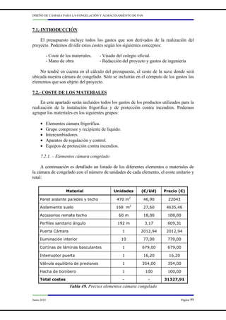 DISEÑO DE CÁMARA PARA LA CONGELACIÓN Y ALMACENAMIENTO DE PAN
Junio 2014 Página 99
7.1.-INTRODUCCIÓN
El presupuesto incluye todos los gastos que son derivados de la realización del
proyecto. Podemos dividir estos costes según los siguientes conceptos:
- Coste de los materiales. - Visado del colegio oficial.
- Mano de obra - Redacción del proyecto y gastos de ingeniería
No tendré en cuenta en el cálculo del presupuesto, el coste de la nave donde será
ubicada nuestra cámara de congelado. Sólo se incluirán en el cómputo de los gastos los
elementos que son objeto del proyecto.
7.2.- COSTE DE LOS MATERIALES
En este apartado serán incluidos todos los gastos de los productos utilizados para la
realización de la instalación frigorífica y de protección contra incendios. Podemos
agrupar los materiales en los siguientes grupos:
• Elementos cámara frigorífica.
• Grupo compresor y recipiente de líquido.
• Intercambiadores.
• Aparatos de regulación y control.
• Equipos de protección contra incendios.
7.2.1. – Elementos cámara congelado
A continuación es detallado un listado de los diferentes elementos o materiales de
la cámara de congelado con el número de unidades de cada elemento, el coste unitario y
total:
Tabla 49. Precios elementos cámara congelado
Material Unidades (€/Ud) Precio (€)
Panel aislante paredes y techo 470 m2
46,90 22043
Aislamiento suelo 168 m2
27,60 4635,46
Accesorios remate techo 60 m 18,00 108,00
Perfiles sanitario ángulo 192 m 3,17 609,31
Puerta Cámara 1 2012,94 2012,94
Iluminación interior 10 77,00 770,00
Cortinas de láminas basculantes 1 679,00 679,00
Interruptor puerta 1 16,20 16,20
Válvula equilibrio de presiones 1 354,00 354,00
Hacha de bombero 1 100 100,00
Total costes - - 31327,91
 