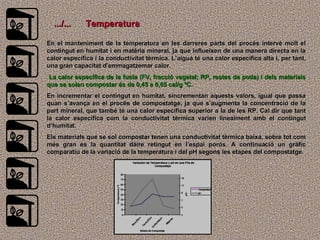 En el manteniment de la temperatura en les darreres parts del procés intervé molt el contingut en humitat i en matèria mineral, ja que infl uei xen de una manera directa en  la  calor específica i la conductivitat tèrmica. L’aigua té una calor específica alta i, per tant, una gran capacitat d’emmagatzemar calor. La  calor específica de la fusta (FV, fracció vegetal; RP, restes de poda) i dels materials que se sol en  compostar és de 0,45 a 0,65 cal/g ºC.   En incrementar el contingut en humitat, sincrementan aquests valors, igual que passa quan s’avança en el procés de compostatge, ja que s’augmenta la concentració de la part mineral, que també té una calor específica superior a la de les RP. Cal dir que tant  la  calor específica com la conductivitat tèrmica varien linealment amb el contingut d’humitat.  Els materials que se sol compostar tenen una conductivitat tèrmica baixa, sobre tot com més gran és la quantitat dáire retingut en l’espai porós. A continuació un gràfic comparatiu de la variació de la temperatura i del pH segons les etap e s del compostatge. .../...  Temperatura 