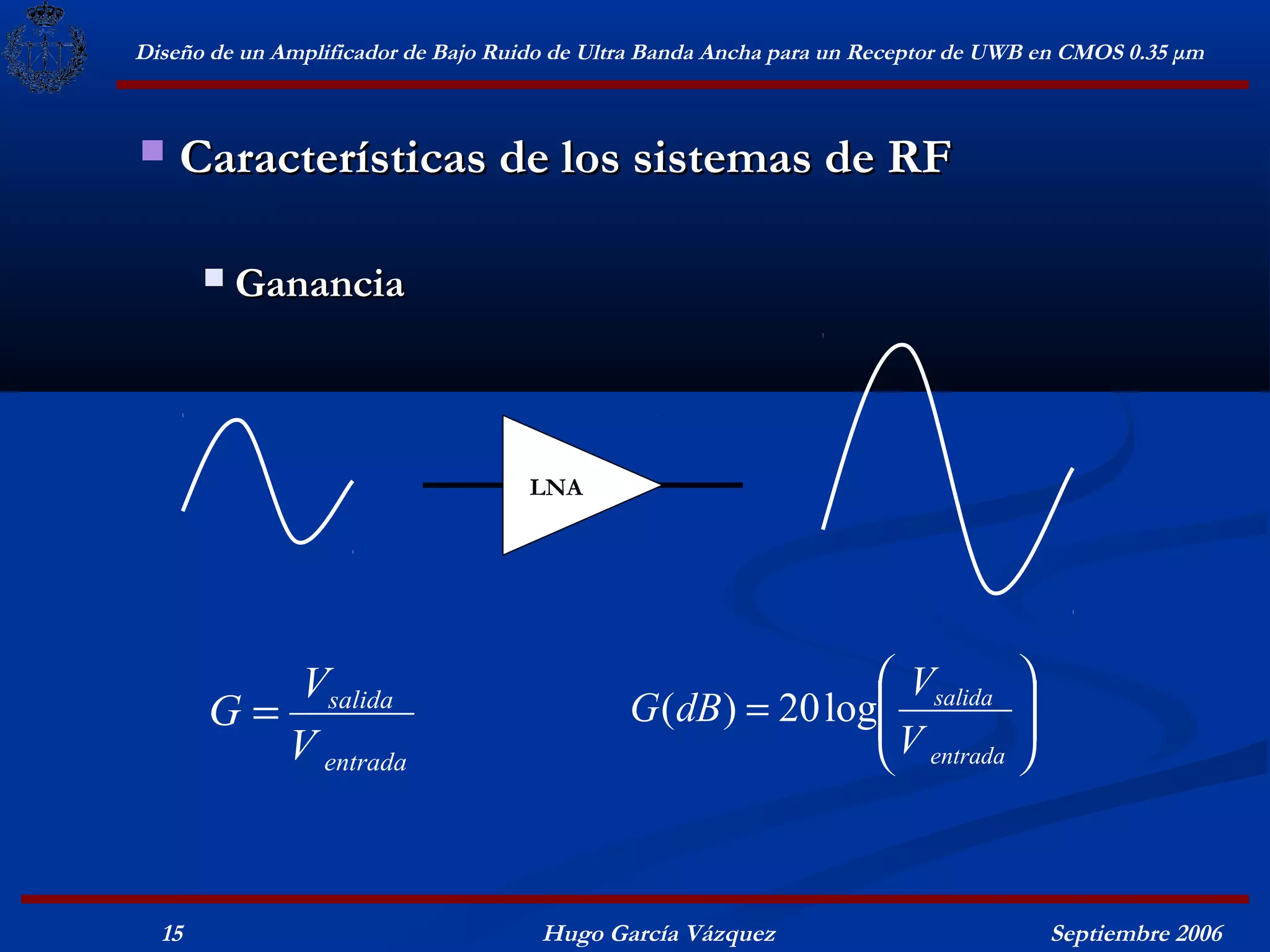 Diseño de un Amplificador de Bajo Ruido de Ultra Banda Ancha para un Receptor de UWB en CMOS 0.35 μm



   Características de los sistemas de RF

          Ganancia



                                    LNA




          Vsalida                                              Vsalida 
       G=                                     G (dB ) = 20 log
                                                              V        
                                                                        
          V entrada                                            entrada 



  15                                  Hugo García Vázquez                            Septiembre 2006
 