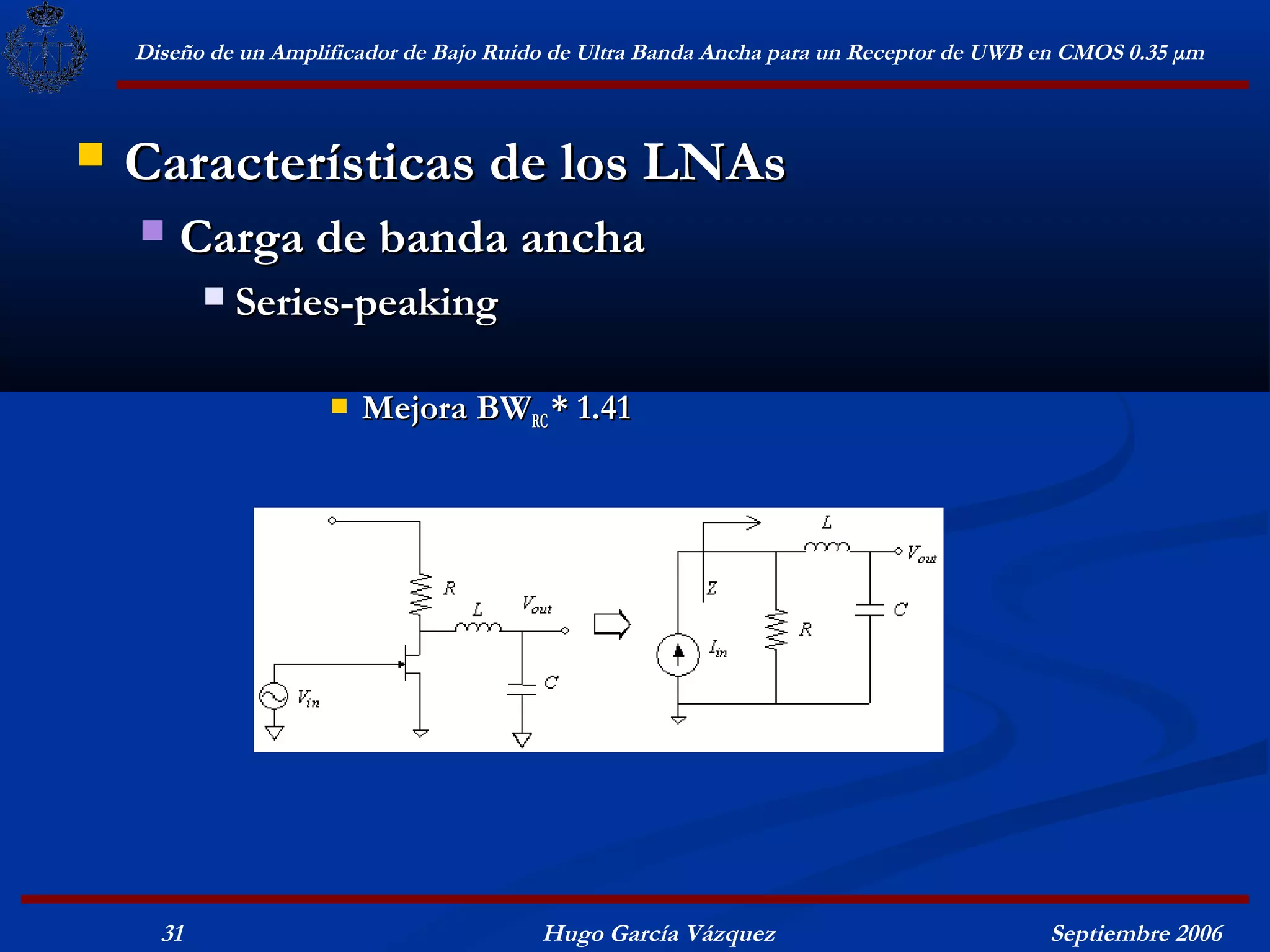 Diseño de un Amplificador de Bajo Ruido de Ultra Banda Ancha para un Receptor de UWB en CMOS 0.35 μm



   Características de los LNAs
       Carga de banda ancha
              Series-peaking

                         Mejora BWRC * 1.41




      31                                  Hugo García Vázquez                            Septiembre 2006
 