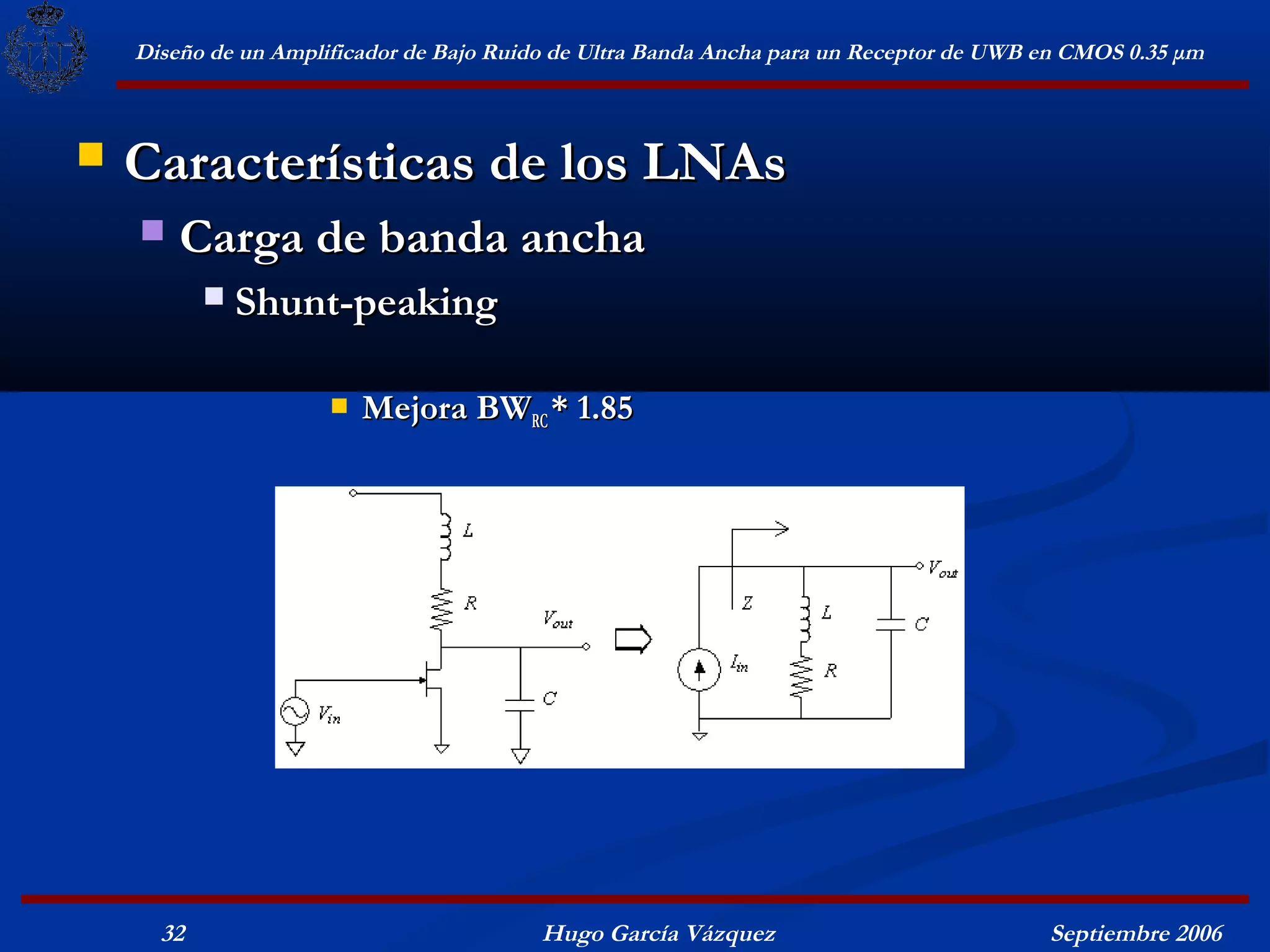 Diseño de un Amplificador de Bajo Ruido de Ultra Banda Ancha para un Receptor de UWB en CMOS 0.35 μm



   Características de los LNAs
       Carga de banda ancha
              Shunt-peaking

                         Mejora BWRC * 1.85




      32                                  Hugo García Vázquez                            Septiembre 2006
 