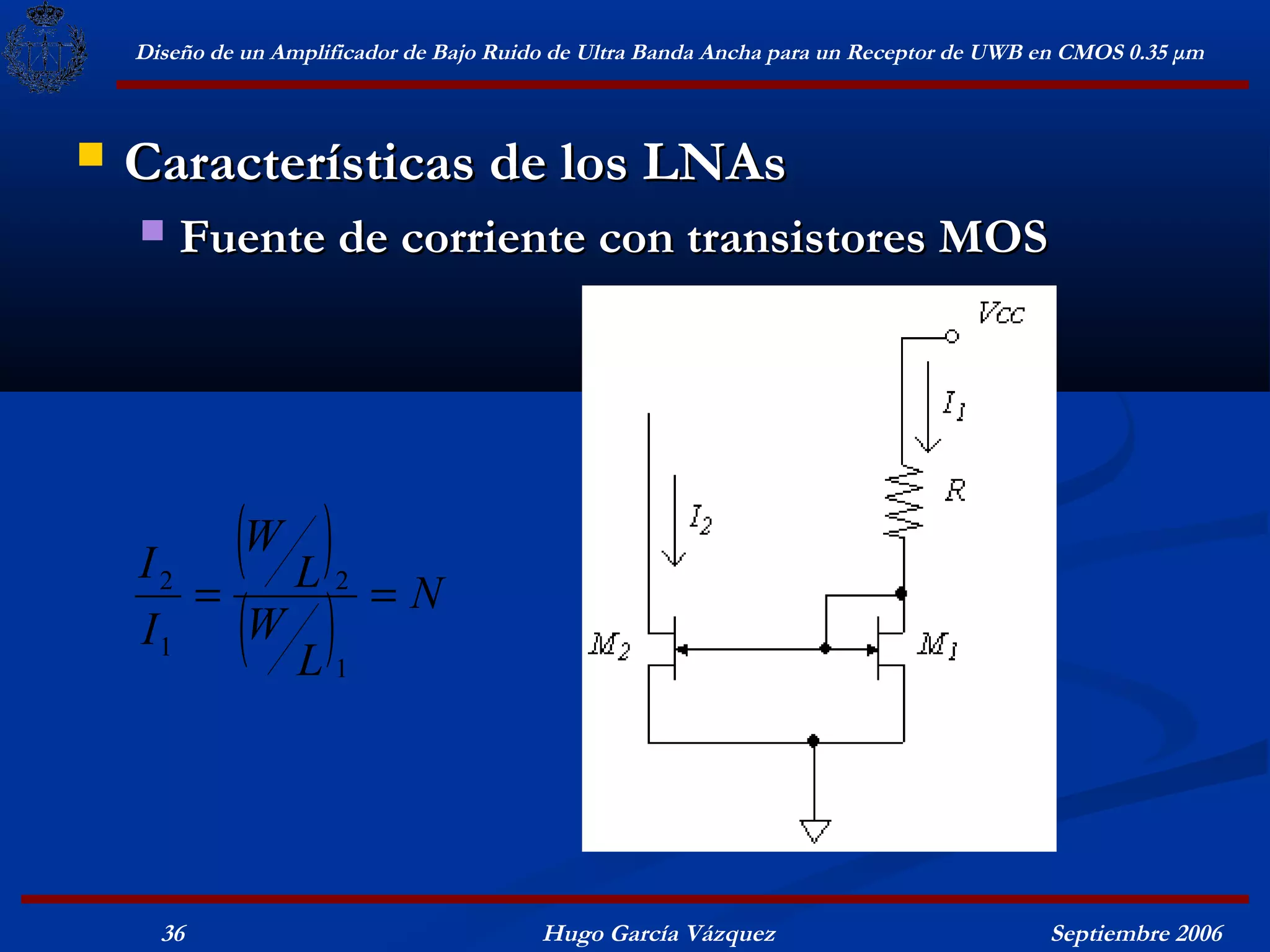 Diseño de un Amplificador de Bajo Ruido de Ultra Banda Ancha para un Receptor de UWB en CMOS 0.35 μm



   Características de los LNAs
       Fuente de corriente con transistores MOS




    I2
         W   ( )
           L2 =N
       =
    I1   W
           L1
             ( )


      36                                  Hugo García Vázquez                            Septiembre 2006
 