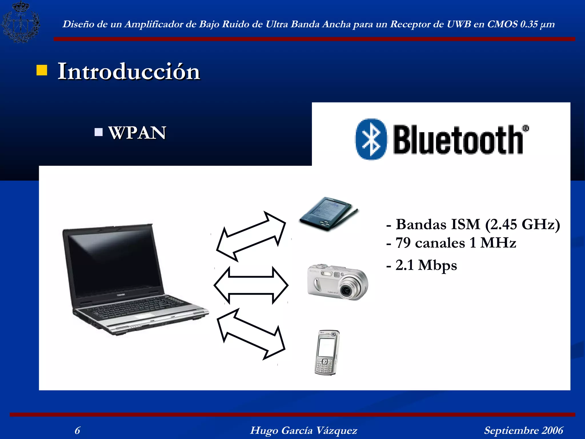 Diseño de un Amplificador de Bajo Ruido de Ultra Banda Ancha para un Receptor de UWB en CMOS 0.35 μm



   Introducción

             WPAN



                                                                     - Bandas ISM (2.45 GHz)
                                                                     - 79 canales 1 MHz
                                                                     - 2.1 Mbps




      6                                   Hugo García Vázquez                            Septiembre 2006
 