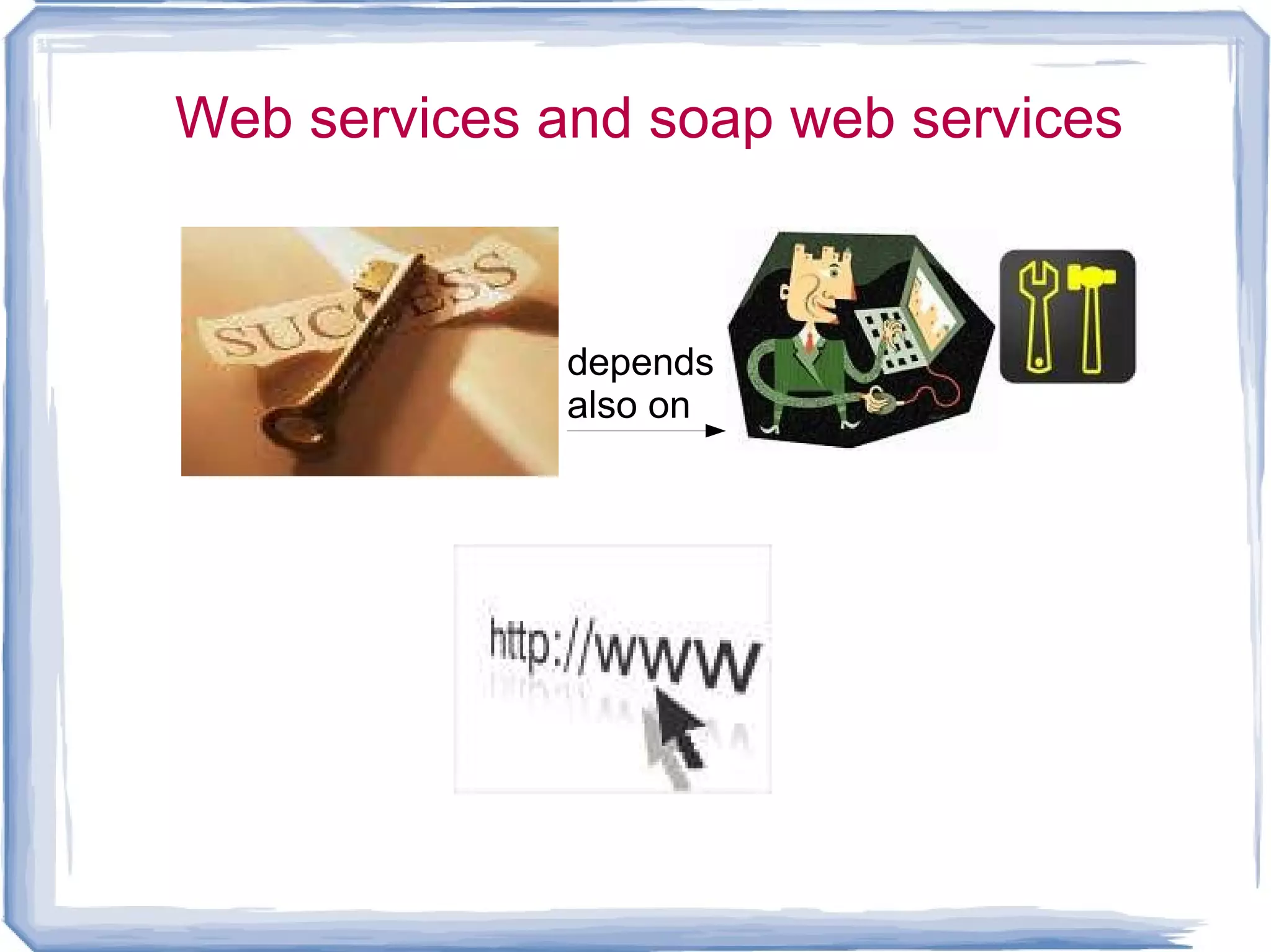 Web services and soap web services Web service : associated to the concept of supplying a service to clients which access it over a network Communication protocol agnostic: tcp, custom.. 