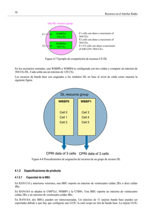 Recursos en el Interfaz Radio
30
WBBPb3
256 CEs
WBBPb4
384 CEs
One DL resource group
F1
F2
F1 cells can share a maximum of
384 CEs.
F2 cells can share a maximum of
384 CEs.
F1+F2 cells can share a maximum
of 640 (256+384) CEs.
Figura 4-7 Ejemplo de compartición de recursos CE DL
En los escenarios normales, una WBBPb o WBBPd es configurada con tres celdas y comparte un máximo de
384 CEs DL. Cada celda usa un máximo de 128 CEs.
Los recursos de banda base son asignados a los módulos DL en base al nivel de celda como muestra la
siguiente figura.
Figura 4-8 Procedimientos de asignación de recursos de un grupo de recurso DL
4.1.2 Especificaciones de producto
4.1.2.1 Capacidad de la BBU
En RAN13.0 y anteriores versiones, una BBU soporta un máximo de veinticuatro celdas 2Rx o doce celdas
4Rx.
En RAN14.0 se añaden la UMPTa1, WBBPf y la UTRPc. Una BBU soporta un máximo de veinticuatro
celdas 2Rx y un máximo de veinticuatro celdas 4Rx.
En RAN14.0, dos BBUs pueden ser interconectadas. Un máximo de 11 tarjetas banda base pueden ser
soportadas debido a que hay que configurar una UCIU la cual ocupa un slot de banda base. La tarjeta UCIU
 