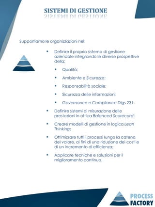 Supportiamo le organizzazioni nel:

                Definire il proprio sistema di gestione
                 aziendale integrando le diverse prospettive
                 della;

                     Qualità;

                     Ambiente e Sicurezza;

                     Responsabilità sociale;

                     Sicurezza delle informazioni;

                     Governance e Compliance Dlgs 231.

                Definire sistemi di misurazione delle
                 prestazioni in ottica Balanced Scorecard;

                Creare modelli di gestione in logica Lean
                 Thinking;

                Ottimizzare tutti i processi lungo la catena
                 del valore, ai fini di una riduzione dei costi e
                 di un incremento di efficienza;

                Applicare tecniche e soluzioni per il
                 miglioramento continuo.
 