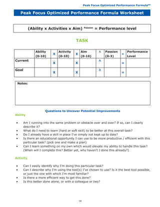 Peak Focus Optimized Performance Formula                   SM
                                                __________________________________________________________________



     Peak Focus Optimized Performance Formula Worksheet


           (Ability x Activities x Aim)              Passion
                                                               = Performance level


                                            TASK

               Ability          Activity         Aim                   Passion              Performance




                                                                 <
                            X               X                                          =
               (0-10)           (0-10)           (0-10)                (0-3)                Level
Current




                                                                 <
                            X               X                                          =

Goal




                                                                 <
                            X               X                                          =


 Notes:




                      Questions to Uncover Potential Improvements
Ability

•	     Am I running into the same problem or obstacle over and over? If so, can I clearly 		
	      describe it?
•	     What do I need to learn (hard or soft skill) to be better at this overall task?
•	     Do I already have a skill in place I’ve simply not kept up to date?
•	     Is there an educational opportunity I can use to be more productive / efficient with this 	
	      particular task? (pick one and make a plan)
•	     Can I learn something on my own which would elevate my ability to handle this task? 	
	      (When will I complete this? Better yet, why haven’t I done this already?)

Activity

•	     Can I easily identify why I’m doing this particular task?
•	     Can I describe why I’m using the tool(s) I’ve chosen to use? Is it the best tool possible,	
	      or just the one with which I’m most familiar?
•	     Is there a more efficient way to get this done?
•	     Is this better done alone, or with a colleague or two?




                                                14
 