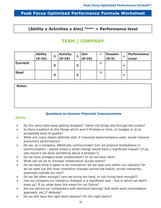 Peak Focus Optimized Performance Formula                   SM
                                              __________________________________________________________________



     Peak Focus Optimized Performance Formula Worksheet


          (Ability x Activities x Aim)             Passion
                                                             = Performance level


                                TEAM / COMPANY

               Ability         Activity        Aim                    Passion             Performance




                                                               <
                           X              X                                          =
               (0-10)          (0-10)          (0-10)                 (0-3)               Level
Current




                                                               <
                           X              X                                          =

Goal




                                                               <
                           X              X                                          =


Notes:




                      Questions to Uncover Potential Improvements
Ability

•	     Do the same balls keep getting dropped? Same old things slip through the cracks?
•	     Is there a pattern to the things which aren’t finished on time, on budget or at an 		
	      acceptable level of quality?
•	     What one (very clearly defined) skill, if improved team/company-wide, would improve 	
	      everyone’s performance?
•	     Do we, as a company, effectively communicate? Can we pinpoint breakdowns in 		
	      communication - places where a small change would have a significant impact? (if so, 	
	      why haven’t we done something about it already!?)
•	     Do we have company-wide collaboration? Or do we have silos?
•	     What can we do to increase collaboration across teams?
•	     Do we have what it takes to be innovative? Do we look only within our industry? Or 		
	      do we seek out the most innovative changes across the board; across industries, 		
	      especially outside our own?
•	     Do we fail often enough? (are we trying too hard, or not trying hard enough?)
•	     Has our company (or industry) changed in a significant way - one in which we didn’t 	
	      keep up? If so, what does this mean for our future?
•	     Are we behind our competitors with technical training? Soft skills work (consultative 	
	      approach, etc.)? Attitude?
•	     Do we still have the right team players? On the right teams?
                                              18
 