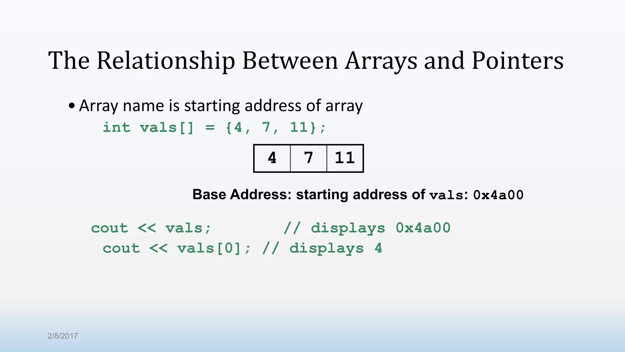 The Relationship Between Arrays and Pointers •Array name is starting address of array int vals[] = {4, 7, 11}; cout << vals; // displays 0x4a00 cout << vals[0]; // displays 4 4 7 11 Base Address: starting address of vals: 0x4a00 2/8/2017 