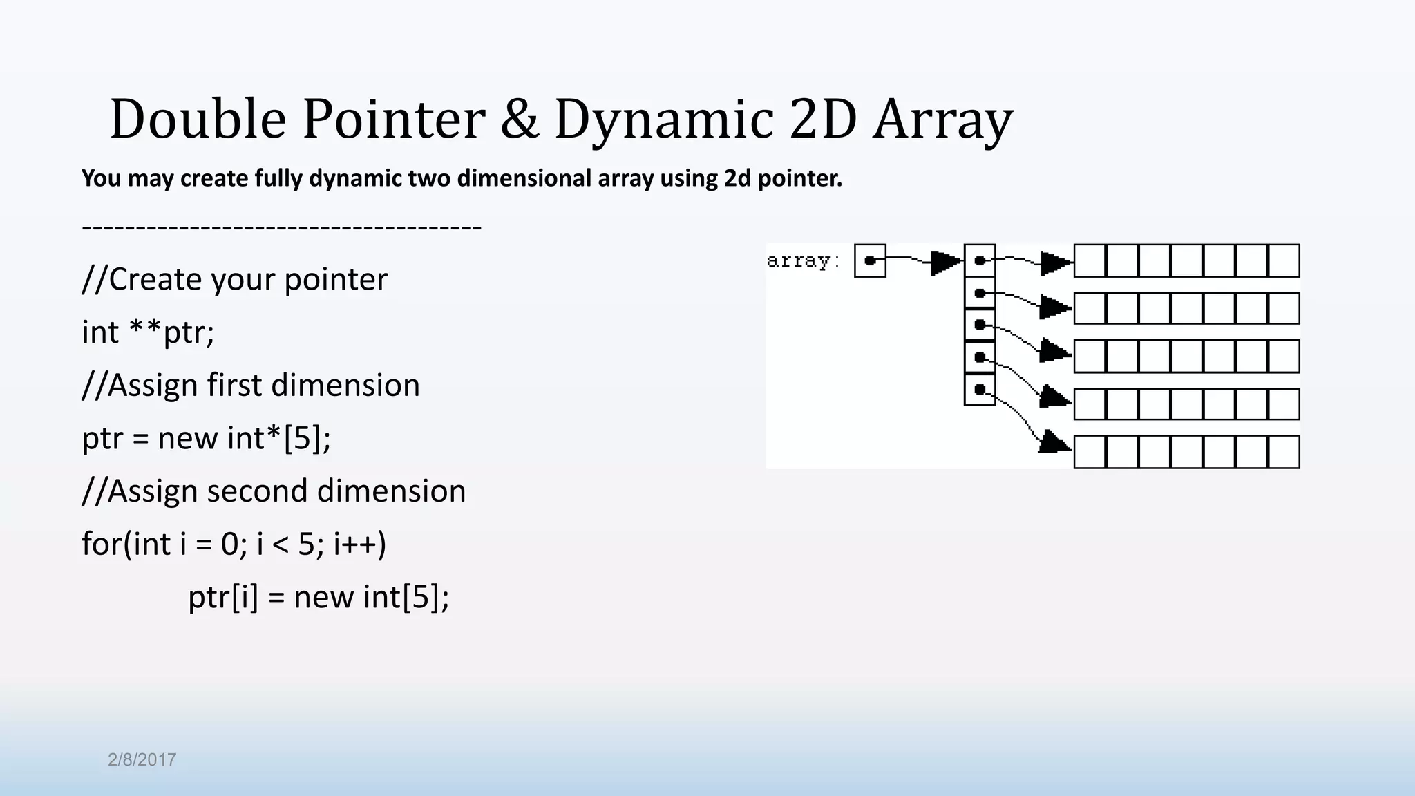 Double Pointer & Dynamic 2D Array You may create fully dynamic two dimensional array using 2d pointer. ------------------------------------- //Create your pointer int **ptr; //Assign first dimension ptr = new int*[5]; //Assign second dimension for(int i = 0; i < 5; i++) ptr[i] = new int[5]; 2/8/2017 