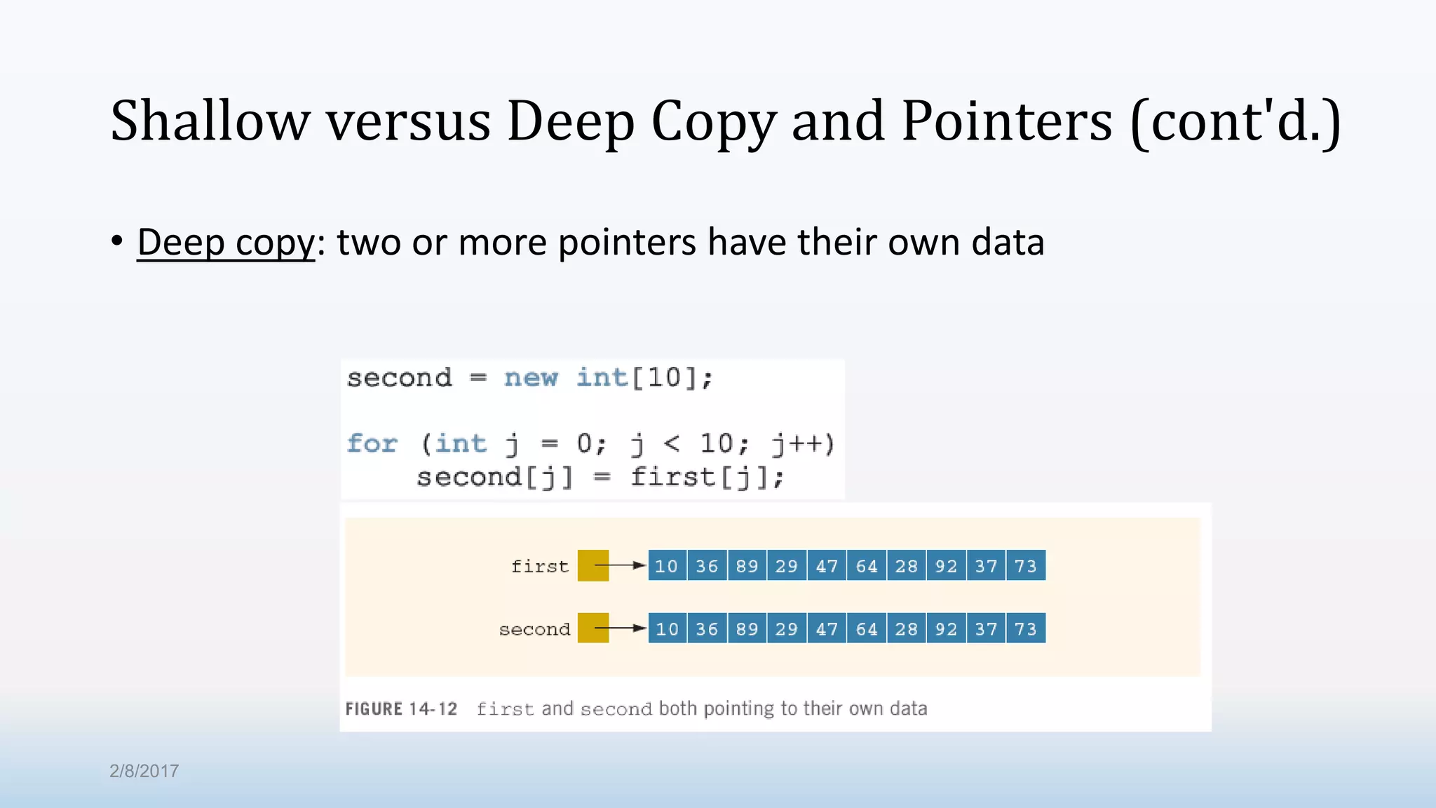 Shallow versus Deep Copy and Pointers (cont'd.) • Deep copy: two or more pointers have their own data 2/8/2017 