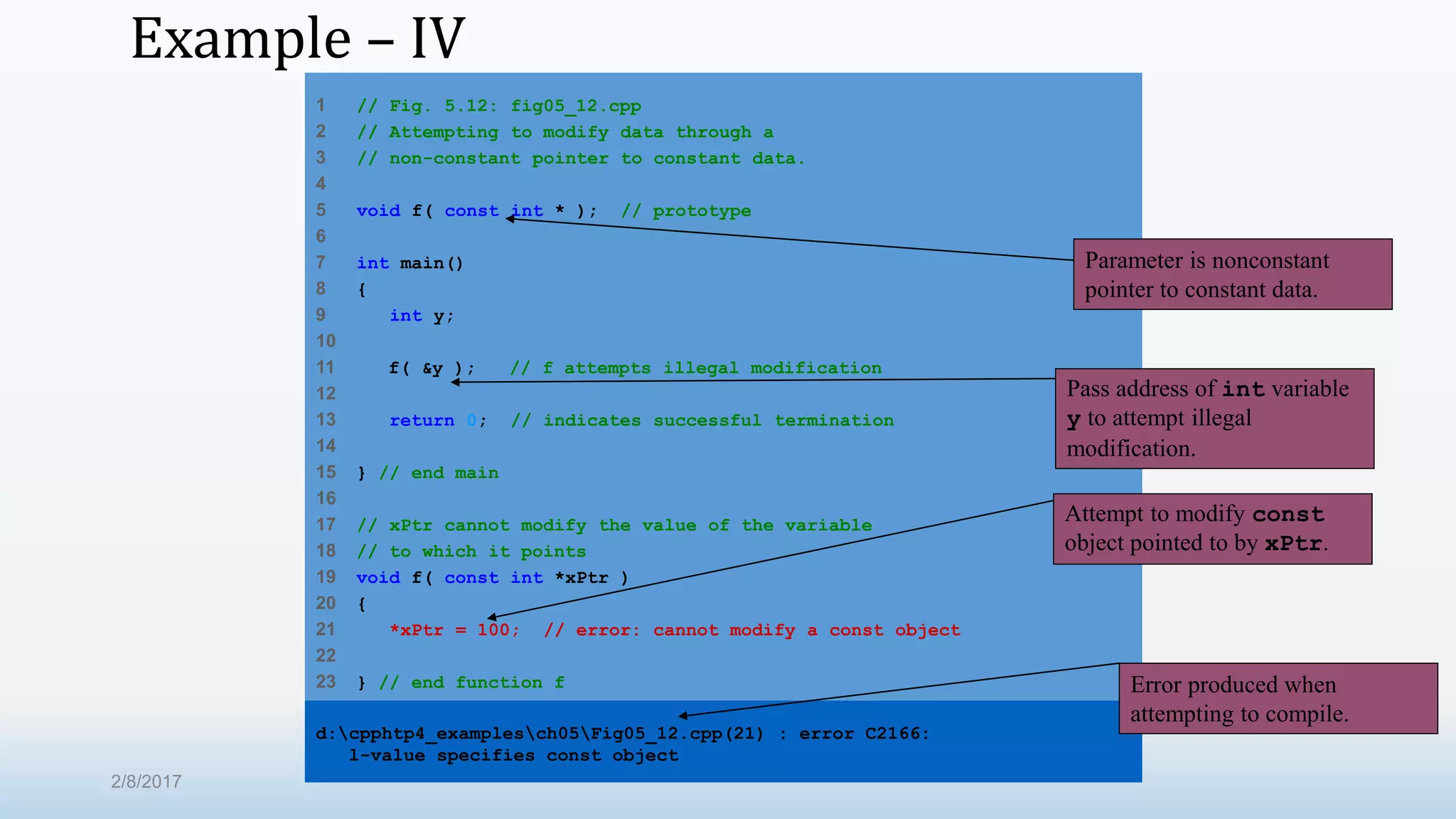 Example – IV 1 // Fig. 5.12: fig05_12.cpp 2 // Attempting to modify data through a 3 // non-constant pointer to constant data. 4 5 void f( const int * ); // prototype 6 7 int main() 8 { 9 int y; 10 11 f( &y ); // f attempts illegal modification 12 13 return 0; // indicates successful termination 14 15 } // end main 16 17 // xPtr cannot modify the value of the variable 18 // to which it points 19 void f( const int *xPtr ) 20 { 21 *xPtr = 100; // error: cannot modify a const object 22 23 } // end function f d:cpphtp4_examplesch05Fig05_12.cpp(21) : error C2166: l-value specifies const object Parameter is nonconstant pointer to constant data. Pass address of int variable y to attempt illegal modification. Attempt to modify const object pointed to by xPtr. Error produced when attempting to compile. 2/8/2017 