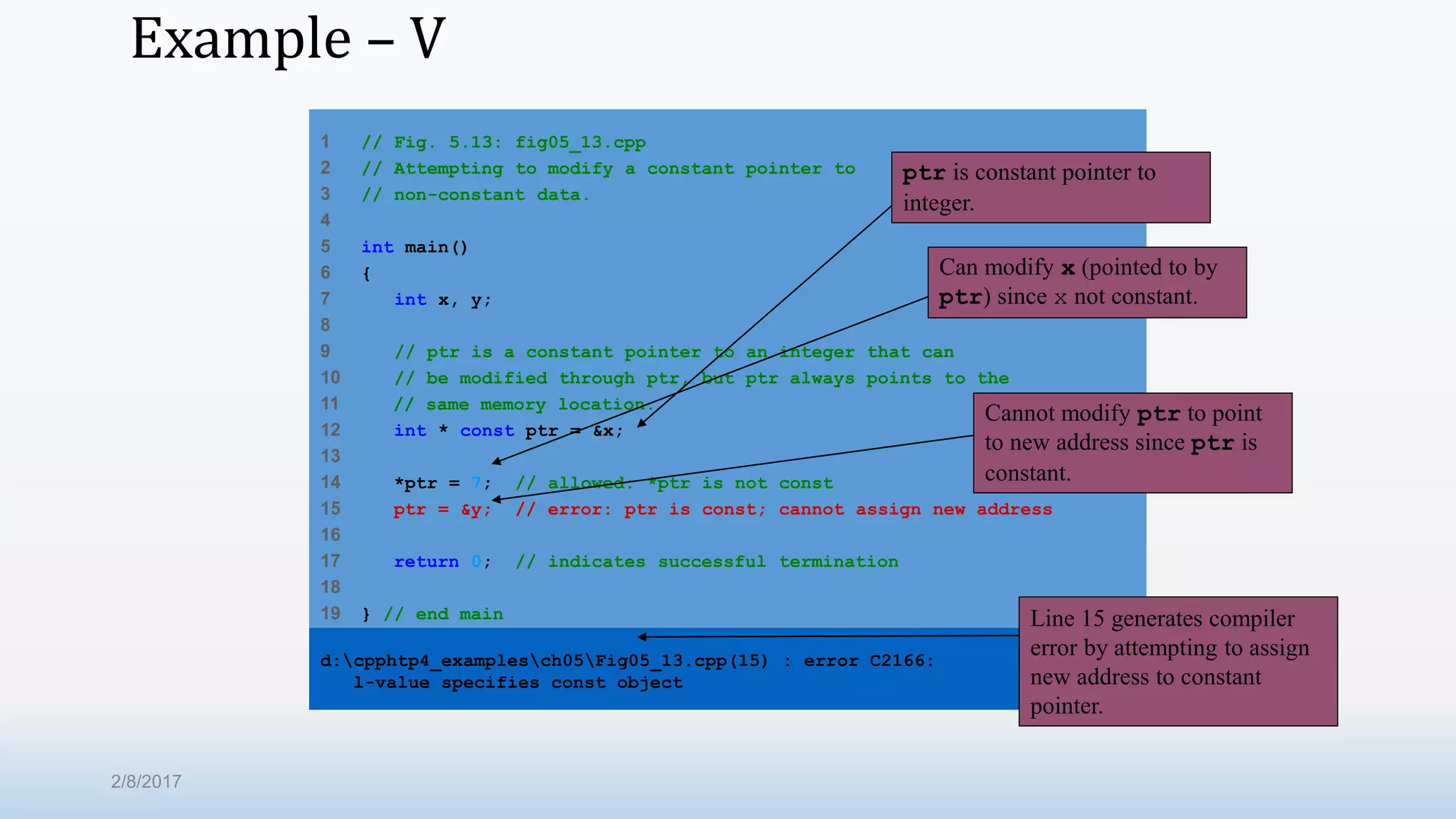 Example – V 1 // Fig. 5.13: fig05_13.cpp 2 // Attempting to modify a constant pointer to 3 // non-constant data. 4 5 int main() 6 { 7 int x, y; 8 9 // ptr is a constant pointer to an integer that can 10 // be modified through ptr, but ptr always points to the 11 // same memory location. 12 int * const ptr = &x; 13 14 *ptr = 7; // allowed: *ptr is not const 15 ptr = &y; // error: ptr is const; cannot assign new address 16 17 return 0; // indicates successful termination 18 19 } // end main d:cpphtp4_examplesch05Fig05_13.cpp(15) : error C2166: l-value specifies const object ptr is constant pointer to integer. Can modify x (pointed to by ptr) since x not constant. Cannot modify ptr to point to new address since ptr is constant. Line 15 generates compiler error by attempting to assign new address to constant pointer. 2/8/2017 