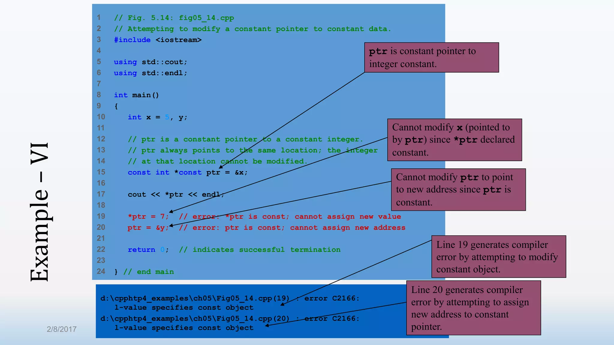 1 // Fig. 5.14: fig05_14.cpp 2 // Attempting to modify a constant pointer to constant data. 3 #include <iostream> 4 5 using std::cout; 6 using std::endl; 7 8 int main() 9 { 10 int x = 5, y; 11 12 // ptr is a constant pointer to a constant integer. 13 // ptr always points to the same location; the integer 14 // at that location cannot be modified. 15 const int *const ptr = &x; 16 17 cout << *ptr << endl; 18 19 *ptr = 7; // error: *ptr is const; cannot assign new value 20 ptr = &y; // error: ptr is const; cannot assign new address 21 22 return 0; // indicates successful termination 23 24 } // end main ptr is constant pointer to integer constant. Cannot modify x (pointed to by ptr) since *ptr declared constant. Cannot modify ptr to point to new address since ptr is constant. d:cpphtp4_examplesch05Fig05_14.cpp(19) : error C2166: l-value specifies const object d:cpphtp4_examplesch05Fig05_14.cpp(20) : error C2166: l-value specifies const object Line 19 generates compiler error by attempting to modify constant object. Line 20 generates compiler error by attempting to assign new address to constant pointer. Example–VI 2/8/2017 