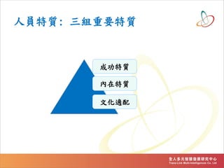 人員特質: 三組重要特質
成功特質
內在特質
文化適配
 