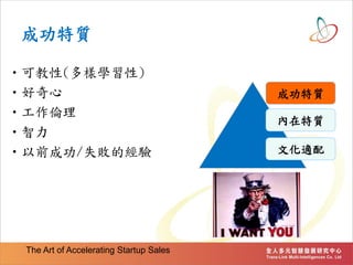 成功特質
•可教性(多樣學習性)
•好奇心
•工作倫理
•智力
•以前成功/失敗的經驗
The Art of Accelerating Startup Sales
成功特質
內在特質
文化適配
 