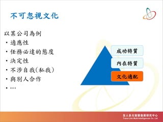 不可忽視文化
以某公司為例
•適應性
•任務必達的態度
•決定性
•不涉自我(私我)
•與別人合作
•…
成功特質
內在特質
文化適配
 
