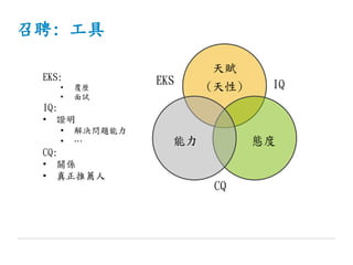 召聘: 工具
天賦
(天性)
態度能力
EKS IQ
CQ
EKS:
• 覆歷
• 面試
IQ:
• 證明
• 解決問題能力
• …
CQ:
• 關係
• 真正推薦人
 
