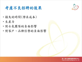 考慮不良招聘的後果
•損失的時間(潛在成本)
•生產力
•對士氣團隊的負面影響
•對客戶、品牌信譽的負面影響
 