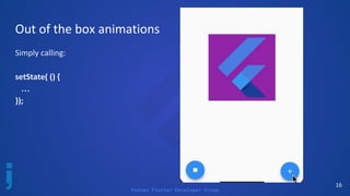 Poznan Flutter Developer Group
16
Out of the box animations
Simply calling:
setState( () {
…
});
 