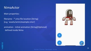 Poznan Flutter Developer Group
35
NimaActor
Main properties:
filename - *.nma file location [String]
[e.g. ‘assets/anim/example.nma’]
animation - initial animation [String][Optional]
defined inside Nima
 