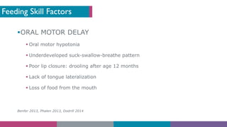 Feeding Skill Factors
§ORAL MOTOR DELAY
§ Oral motor hypotonia
§ Underdeveloped suck-swallow-breathe pattern
§ Poor lip closure: drooling after age 12 months
§ Lack of tongue lateralization
§ Loss of food from the mouth
Benfer 2013, Phalen 2013, Dodrill 2014
 