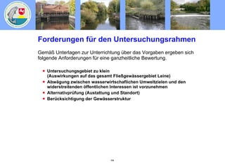Forderungen für den Untersuchungsrahmen Gemäß Unterlagen zur Unterrichtung über das Vorgaben ergeben sich folgende Anforderungen für eine ganzheitliche Bewertung. Untersuchungsgebiet zu klein (Auswirkungen auf das gesamt Fließgewässergebiet Leine) Abwägung zwischen wasserwirtschaflichen Umweltzielen und den widerstreitenden öffentlichen Interessen ist vorzunehmen Alternativprüfung (Austattung und Standort) Berücksichtigung der Gewässerstruktur 
