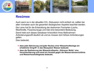 Resümee Auch wenn es in der aktuellen CO 2 -  Diskussion nicht einfach ist, sollten bei allen Vorhaben auch die gesamten ökologischen Aspekte beachtet werden.  Die Leine hat für die Entwicklung der diadromen Fischarten (Lachs, Meerforelle, Flussneunauge und Aal) eine besondere Bedeutung. Damit hebt sich dieses Gewässer hinsichtlich Ihres Maßnahmen-Anforderungsprofil deutlich ab und es müssen dort höhere Anforderungen gelten. Dies bedeutet, dass jede Aktivierung und jeder Neubau einer Wasserkraftanlage ein erheblicher Eingriff  in das Ökosystem Wasser bedeutet. dass die Realisierung des Wasserkraftwerks „Döhrener Wolle“ eine Verschlechterung und somit ein Verstoß gegen die Wasserrahmenrichtlinie und Wasserhaushaltsgesetz bedeutet. 