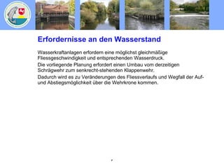 Erfordernisse an den Wasserstand Wasserkraftanlagen erfordern eine möglichst gleichmäßige Fliessgeschwindigkeit und entsprechenden Wasserdruck. Die vorliegende Planung erfordert einen Umbau vom derzeitigen Schrägwehr zum senkrecht-stehenden Klappenwehr. Dadurch wird es zu Veränderungen des Fliessverlaufs und Wegfall der Auf- und Abstiegsmöglichkeit über die Wehrkrone kommen. 