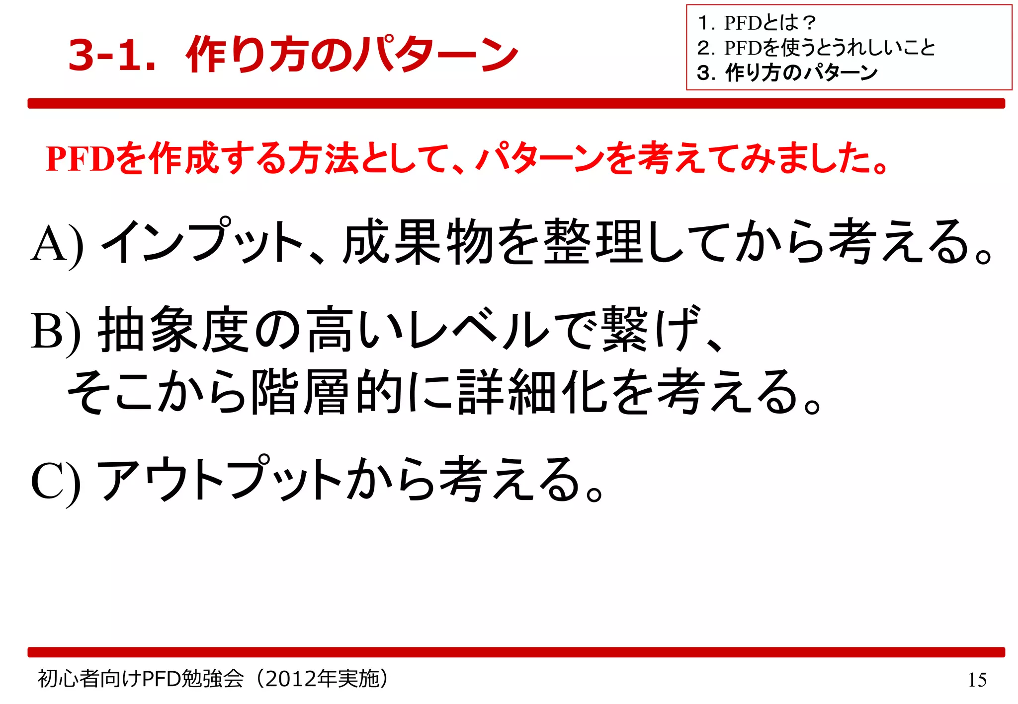 15初心者向けPFD勉強会（2012年実施）
3-1．作り方のパターン
PFDを作成する方法として、パターンを考えてみました。
A) インプット、成果物を整理してから考える。
B) 抽象度の高いレベルで繋げ、
そこから階層的に詳細化を考える。
C) アウトプットから考える。
１．PFDとは？
２．PFDを使うとうれしいこと
３．作り方のパターン
 